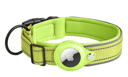 Coleira reflectiva verde para cães com suporte para Airtag, ajustável, nylon leve, para rastreamento e visibilidade.