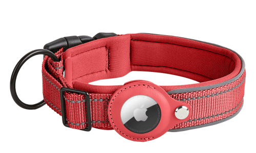 Coleira reflectiva vermelha para cães com suporte para Airtag, ajustável, nylon leve, para rastreamento e visibilidade.