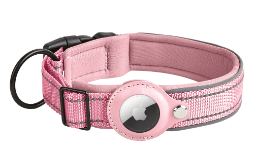 Coleira reflectiva rosa clara para cães com suporte para Airtag, ajustável, nylon leve, para rastreamento e visibilidade.