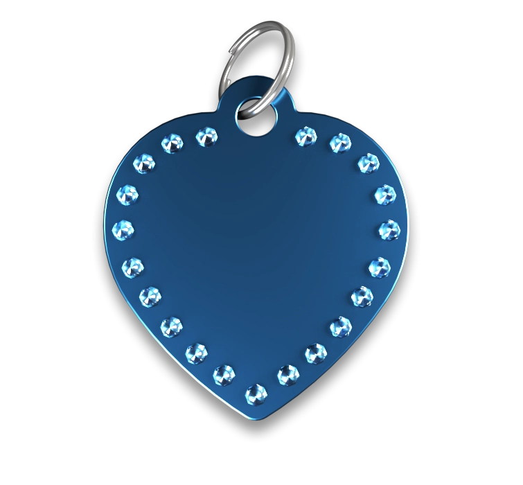 Medalha Para Cão Com Coração De Luxo Chapa identificação cão coração luxo azul com cristais, anel prateado, personalizável com nome gravado.