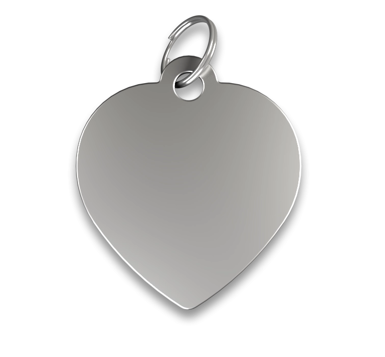 Medalha Para Cão Com Coração Gravado Chapa identificação cão coração prateada, acabamento suave, com anel prateado, personalizável com nome gravado.