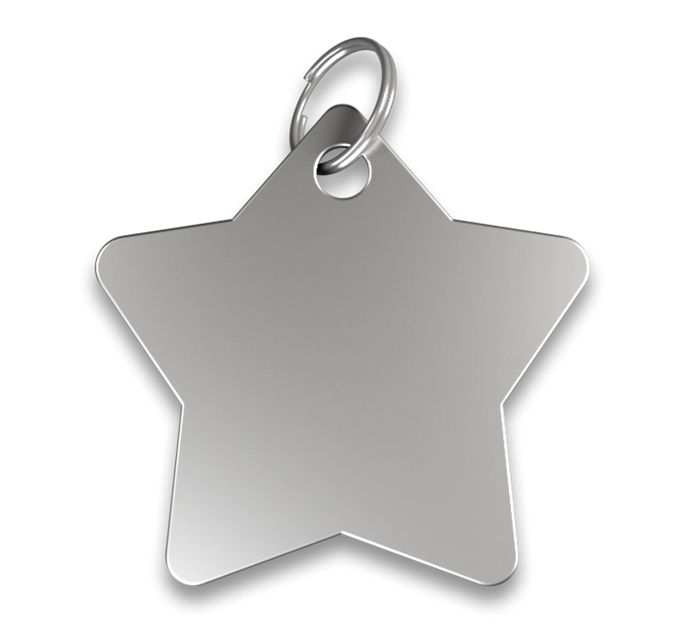 Medalha Para Cão Com Estrela Gravada Chapa identificação cão estrela prateada, acabamento suave, com anel prateado, personalizável com nome gravado.