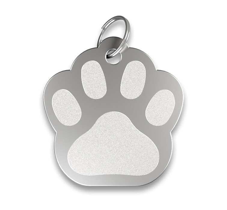 Medalha Para Cão Com Pata Gravada Chapa identificação cão pata prateada, acabamento suave, com anel prateado, personalizável com nome gravado.