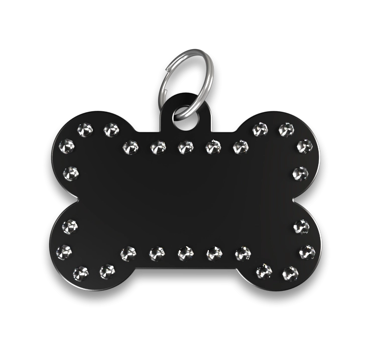 Medalha Para Cão Com Osso De Luxo Chapa identificação cão osso luxo preta com cristais, anel prateado, personalizável com nome gravado.