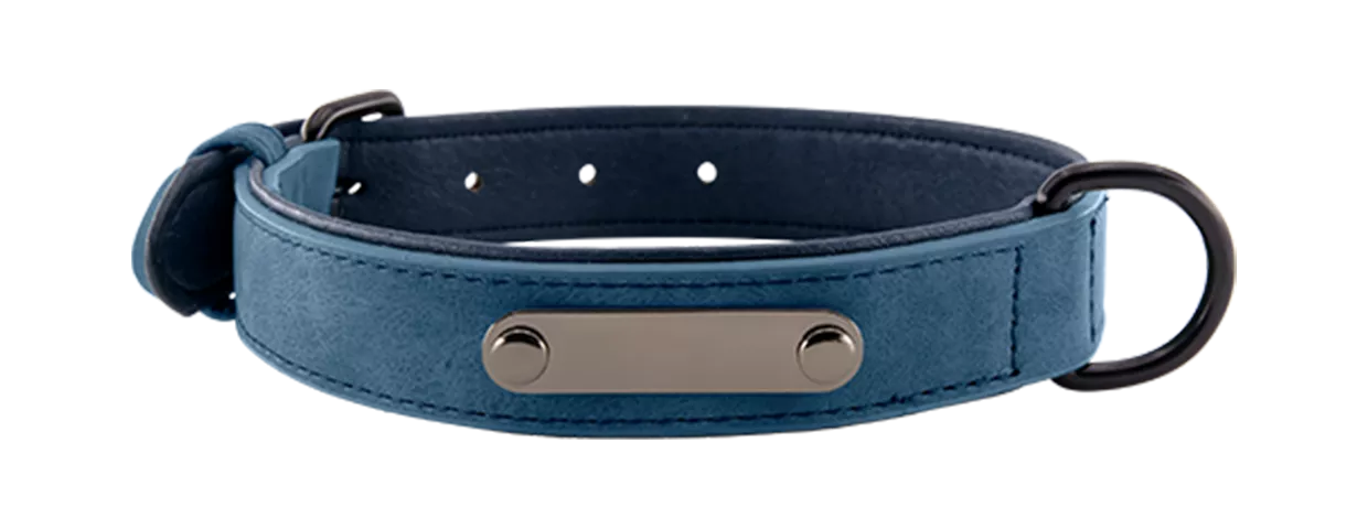 Coleira de veludo de luxo gravada para cães Coleira de veludo azul de luxo para cão com placa de ID para gravação do nome, 35-37 cm, 1,7 cm de largura, com D-ring.