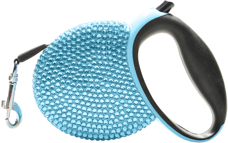 Trela para cão retrátil de luxo com strass Coleira retrátil de luxo azul coberta com brilhantes azuis, com pega preta, extensão de até 3 metros.