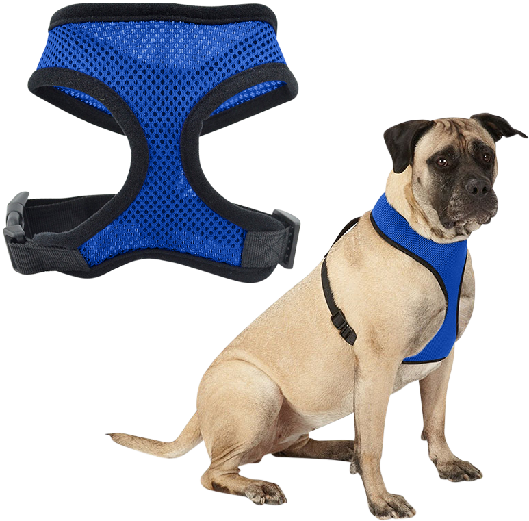 Peitoral para cão Coleira de malha azul para cão, leve, projetada para conforto, com tiras ajustáveis pretas e fecho durável.
