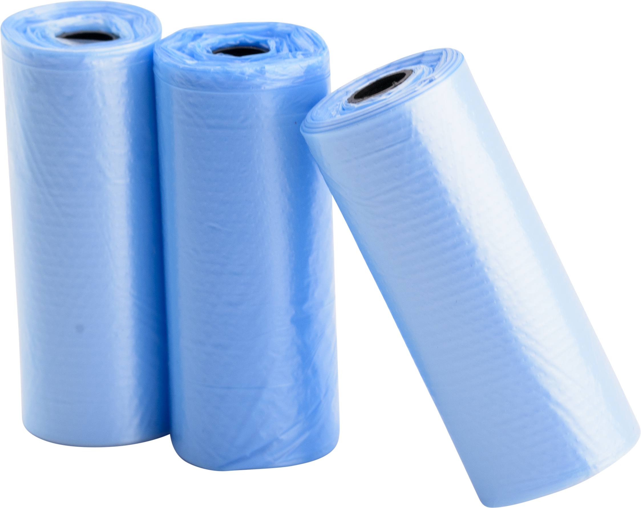 Sacos Higiénicos para Cão Três rolos de 15 sacos azuis para fezes de cão, duráveis e à prova de vazamentos, ideais para passeios.