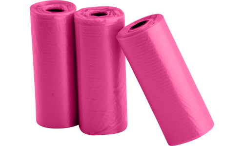 Três rolos de 15 sacos rosa para fezes de cão, duráveis e à prova de vazamentos, ideais para passeios.
