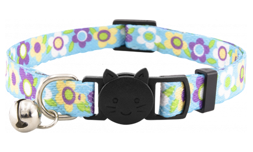 Coleira para gato azul floral com sino, ajustável e leve, combina charme com segurança.