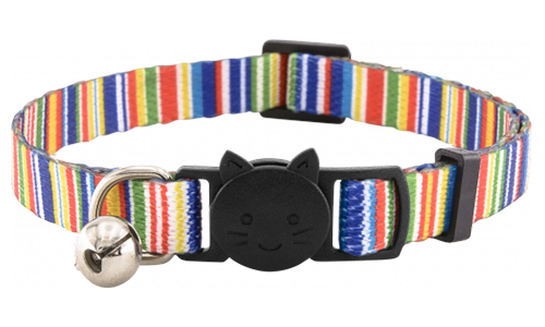 Coleira para gato listrada colorida com sino, ajustável e leve, projetada para segurança e estilo.