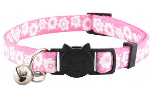 Coleira para gato com design floral colorido e sino, ajustável e leve, estilosa e segura.