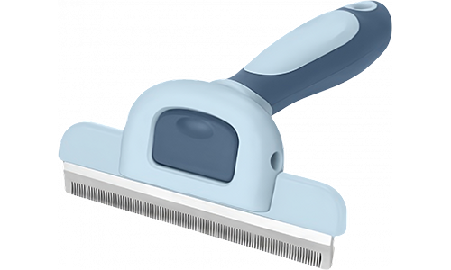 Escova de tosa azul para cão com dentes metálicos finos e cabo ergonômico, para remover pelos soltos.